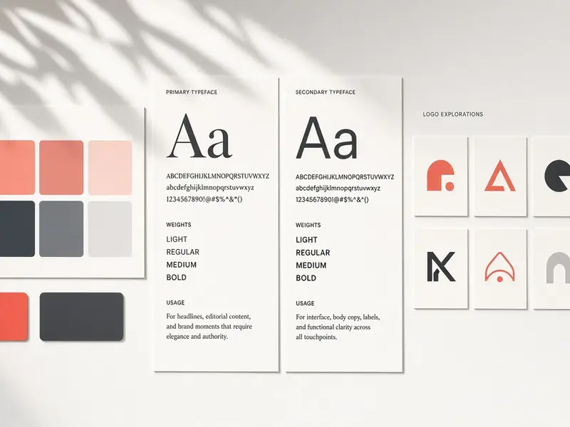 Brand system flat lay with color chips, type sheets, and a logo grid