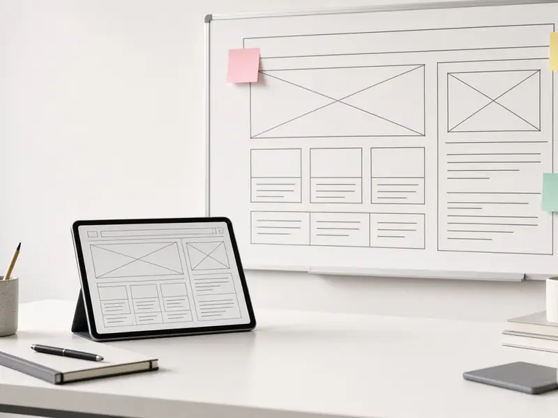 Landing-page wireframes on a tablet and whiteboard in daylight