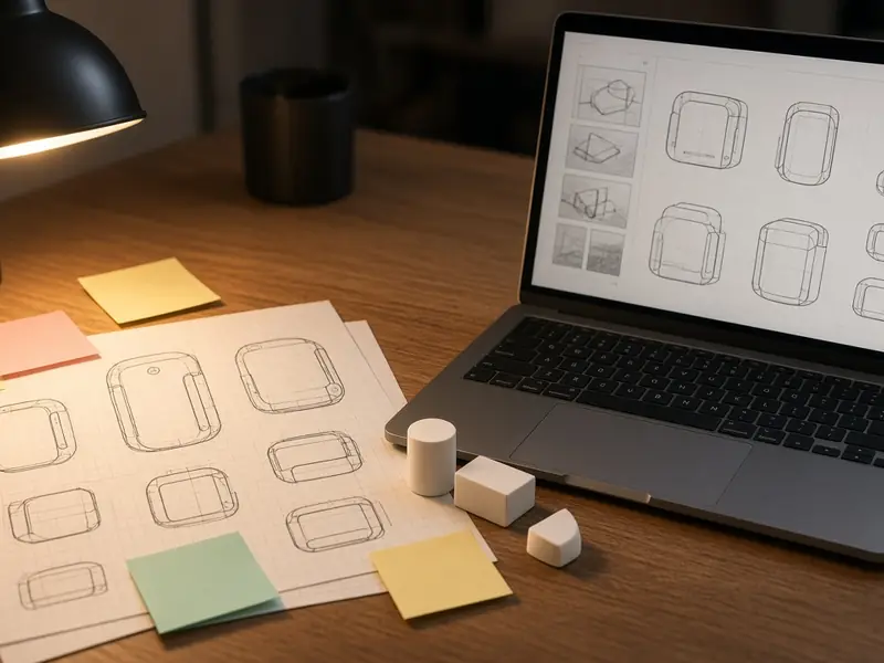 Prototype sketches and sticky notes beside a laptop design canvas