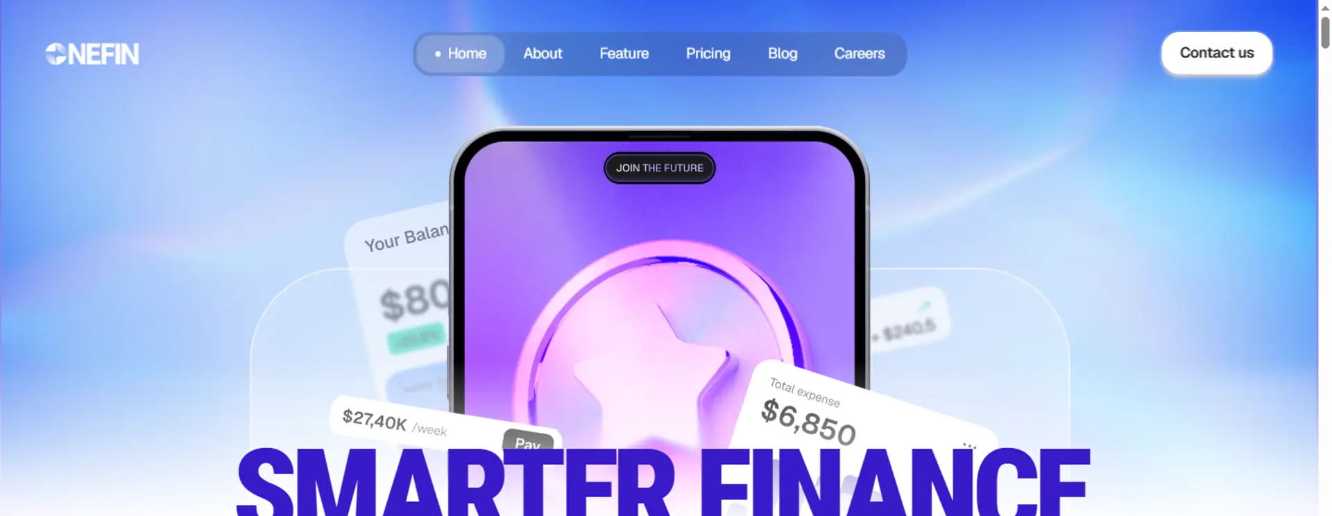 OneFin finance SaaS homepage with phone mockup and smarter finance headline