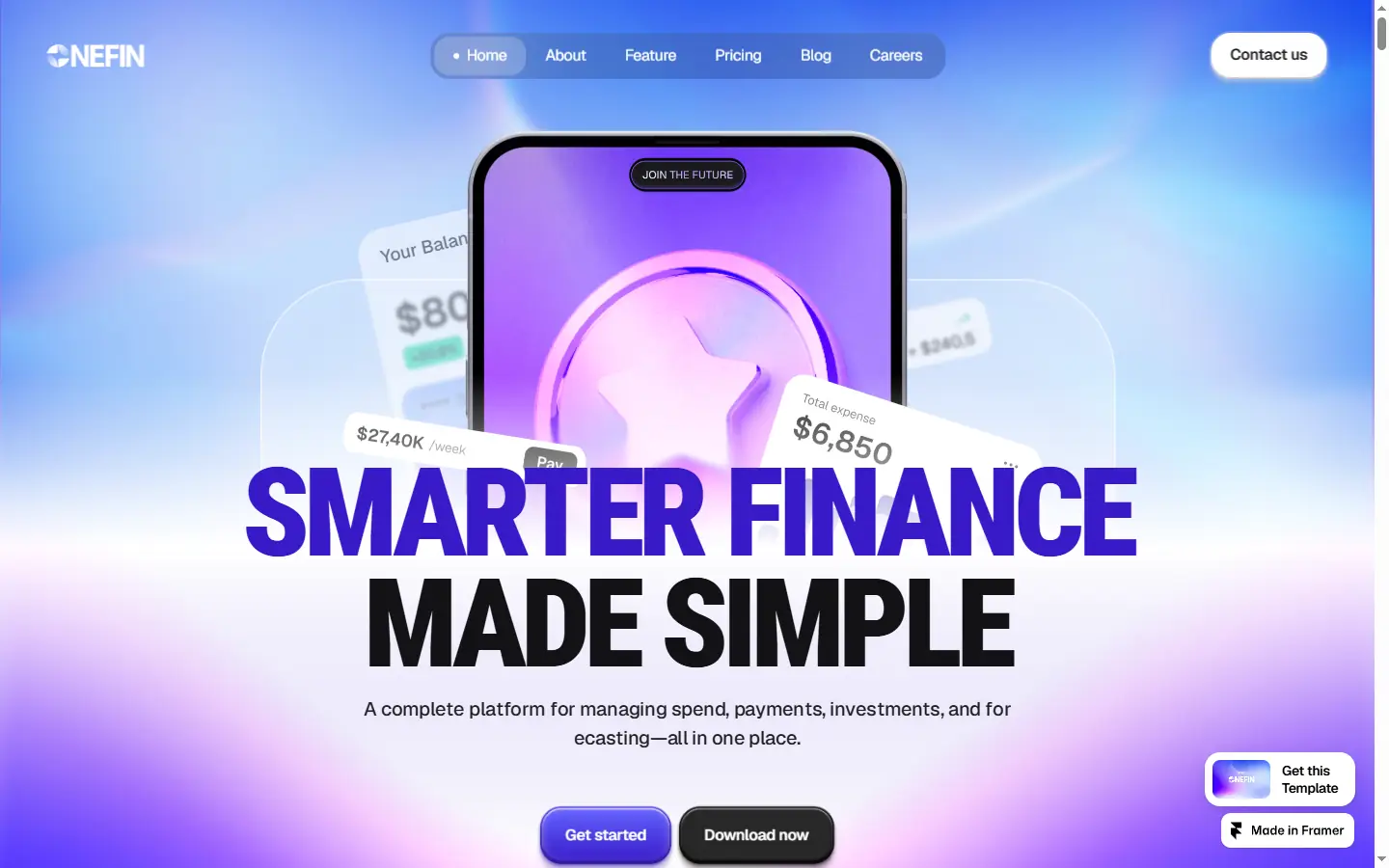 OneFin finance homepage with phone mockup and Smarter Finance Made Simple headline