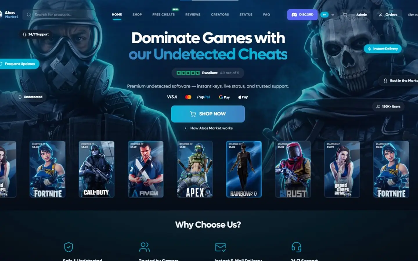 Abos Market homepage with game catalog strip and Dominate Games headline