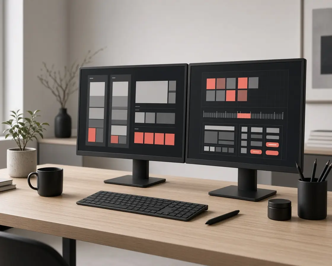 Dual monitor setup showing a product design system with grid lines and color tokens in a clean studio